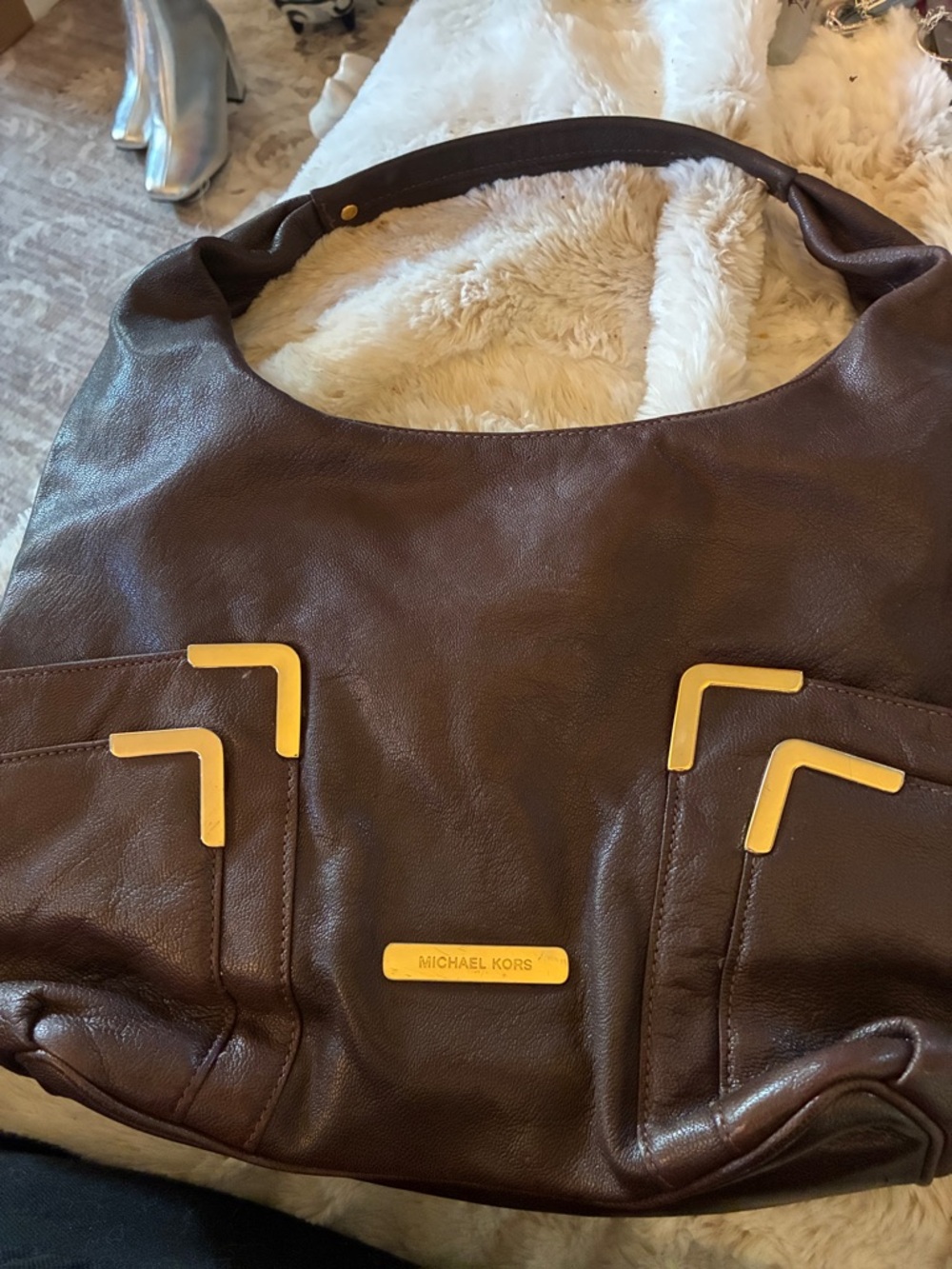 Michael Kors Chocolate Brown Leather Shoulder Hobo with Gold Accents Vintage
